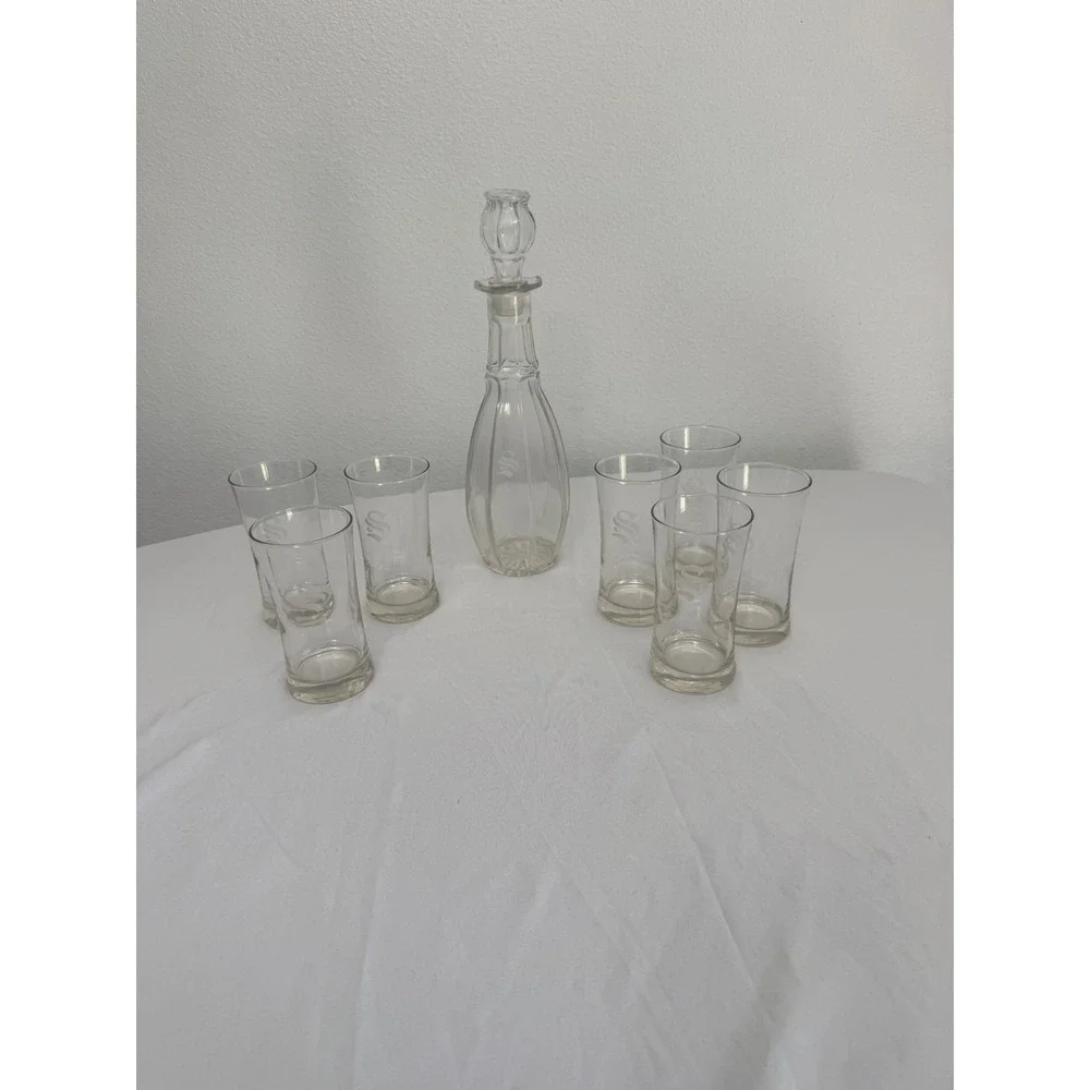 Vintage Glass Decanter Set with 6 Monogrammed S Highball Glasses Mid Century
